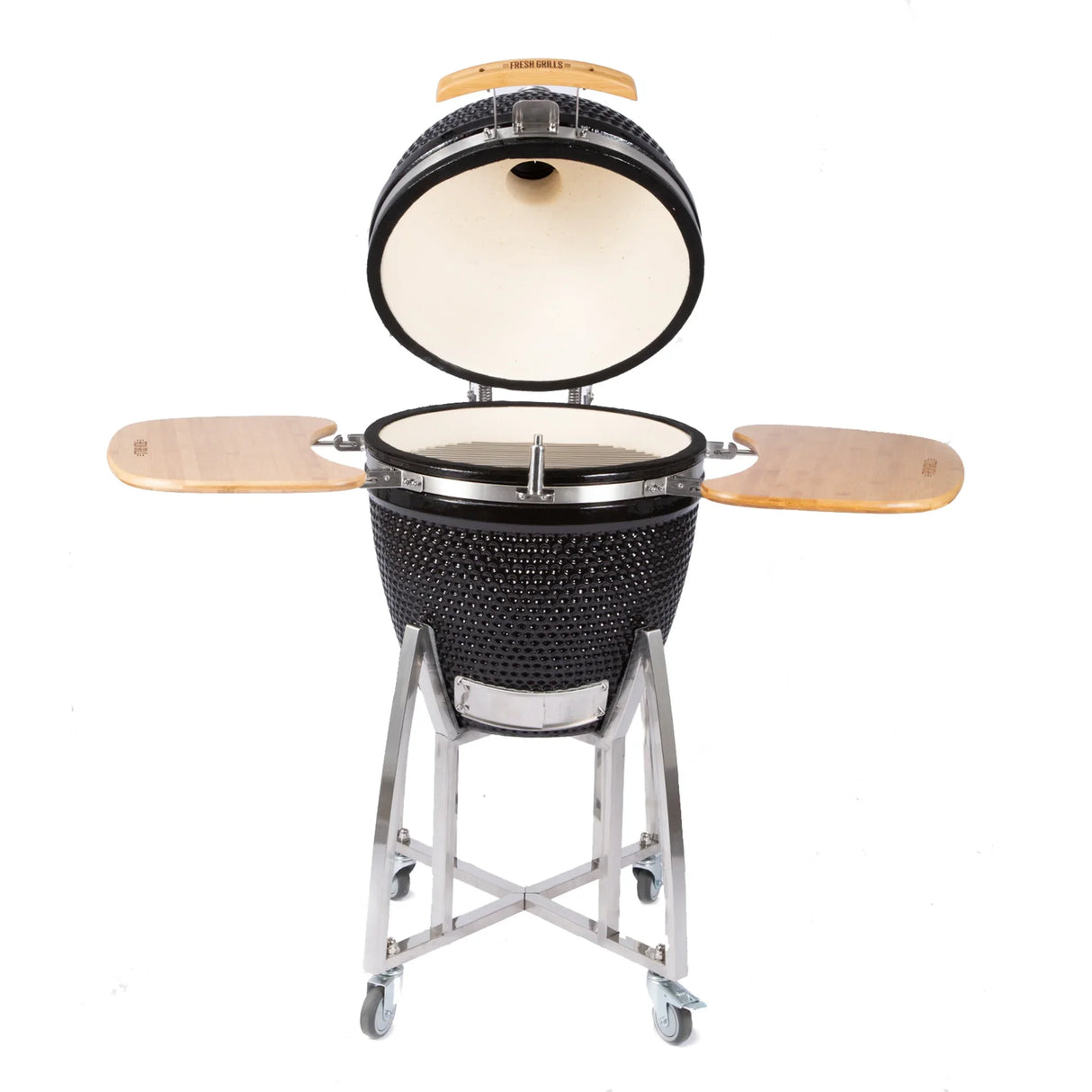 Fresh Grills Kamado Charcoal BBQ Grill 21" with a glossy black exterior, wooden side shelves, and a ceramic interior for optimal heat retention