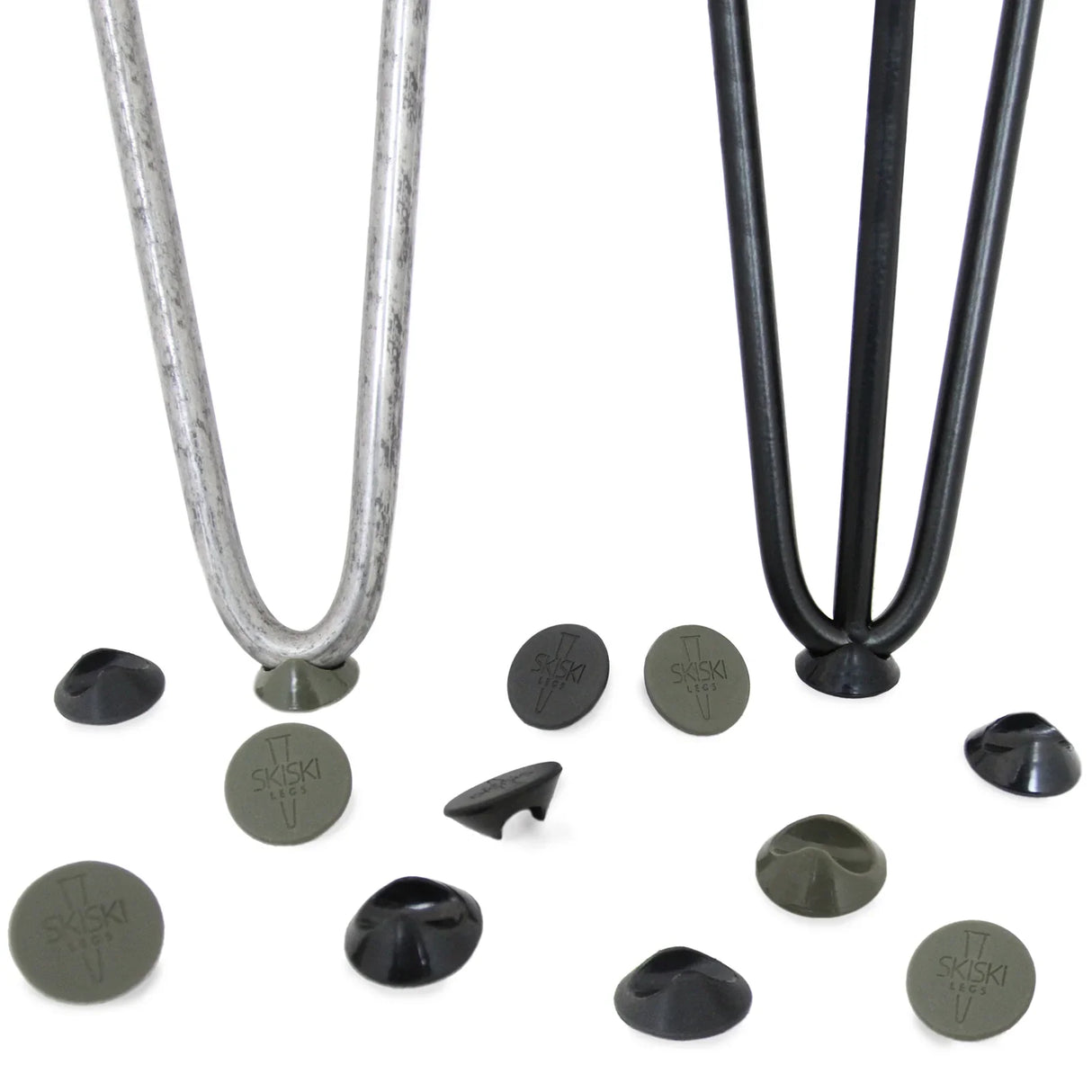 Black 12mm hairpin leg feet protectors in various shapes, designed to prevent scratches on floors and enhance stability