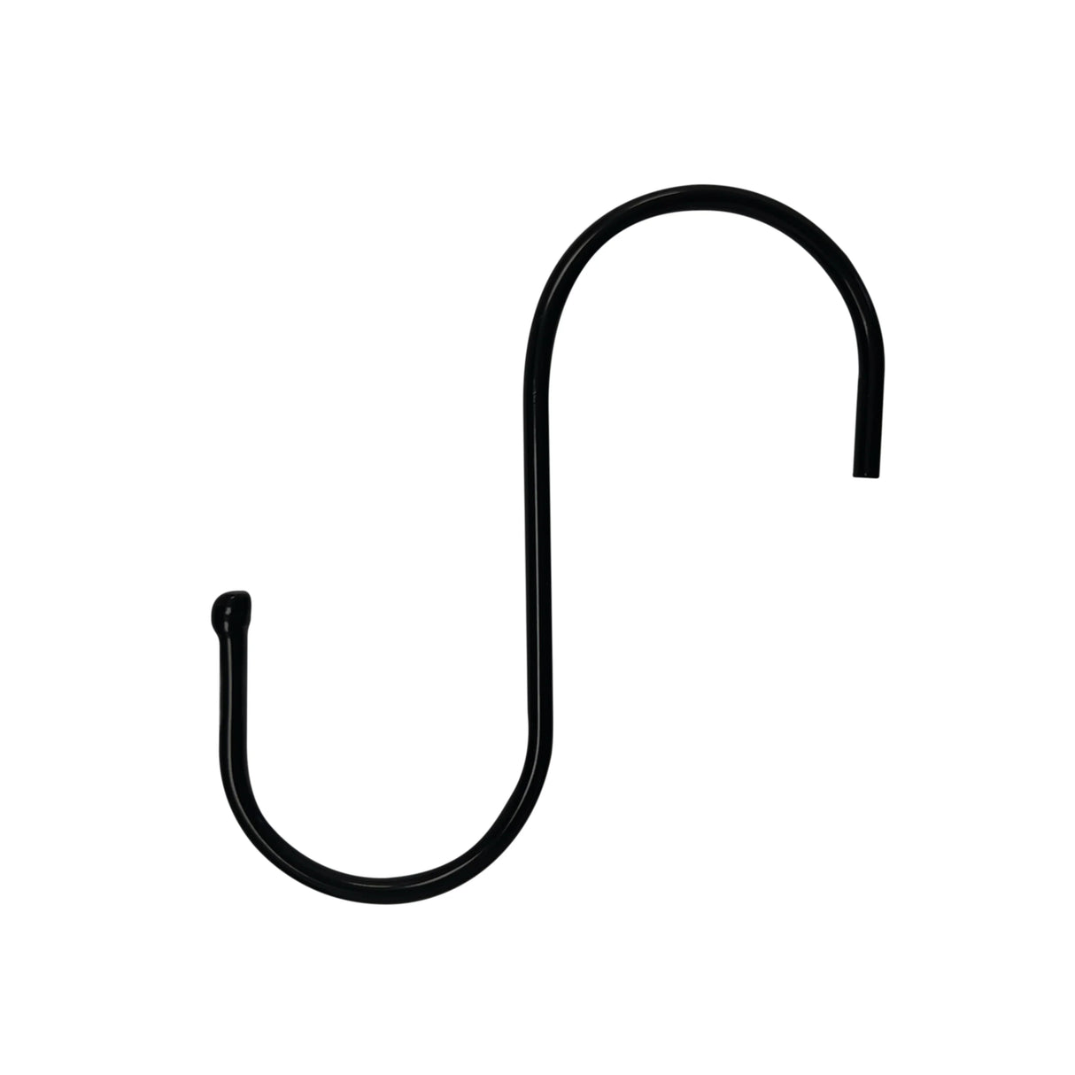 Black S shape steel hanging hook with a smooth finish, ideal for organizing items or displaying plants, sold in a pack of 8