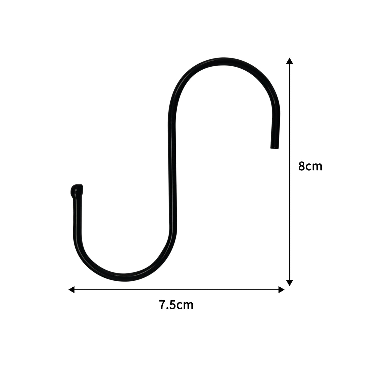 Black S Shape steel hanging hook measuring 7.5cm wide and 8cm tall, ideal for organizing and displaying items securely