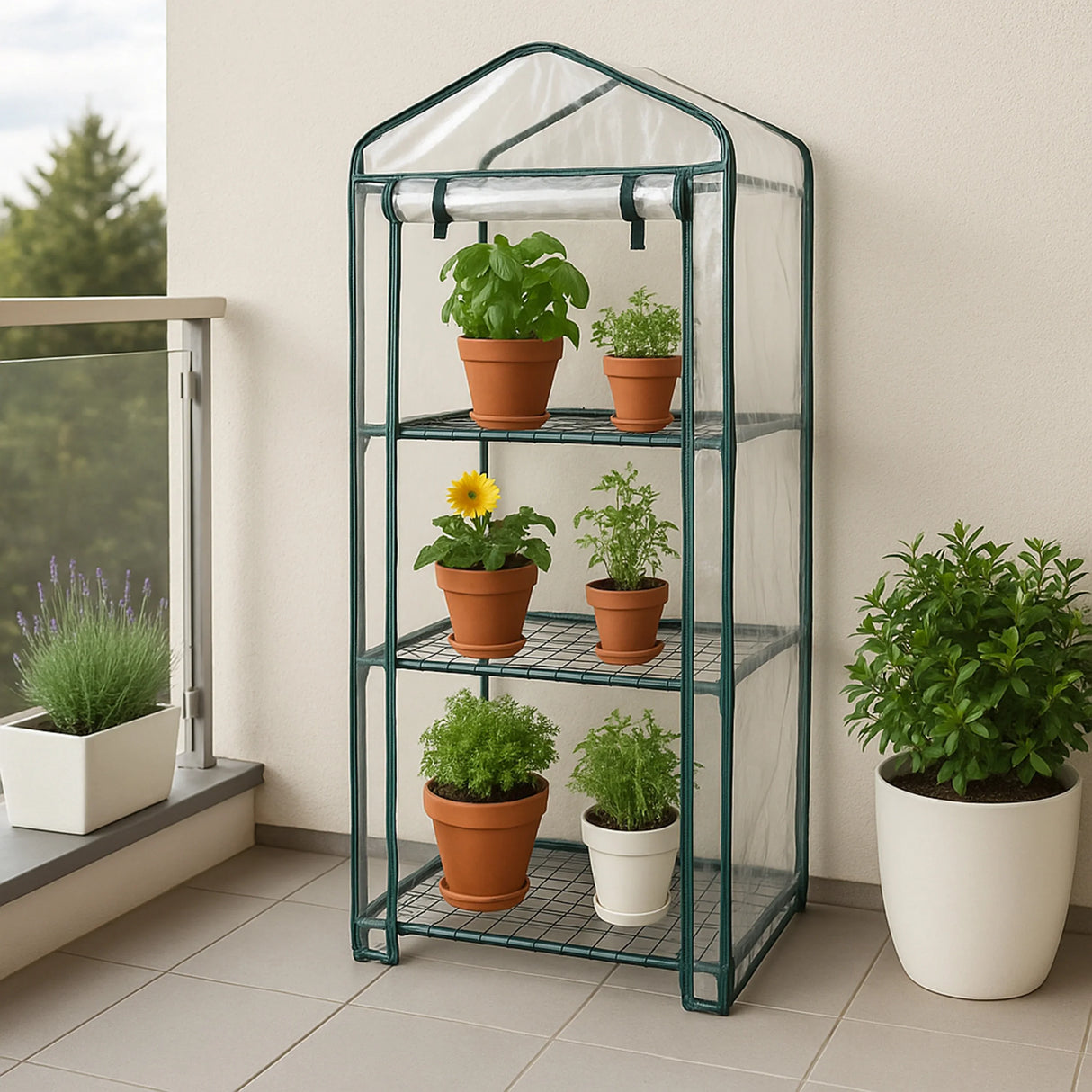 Mini greenhouse with four tiers, clear plastic cover, and potted plants, ideal for small spaces and gardening enthusiasts