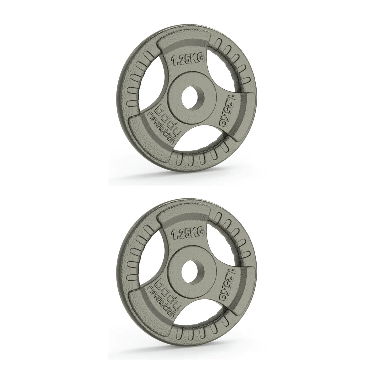 2x 1.25kg cast iron weight plates with tri grip design, featuring a textured surface and durable finish for easy handling