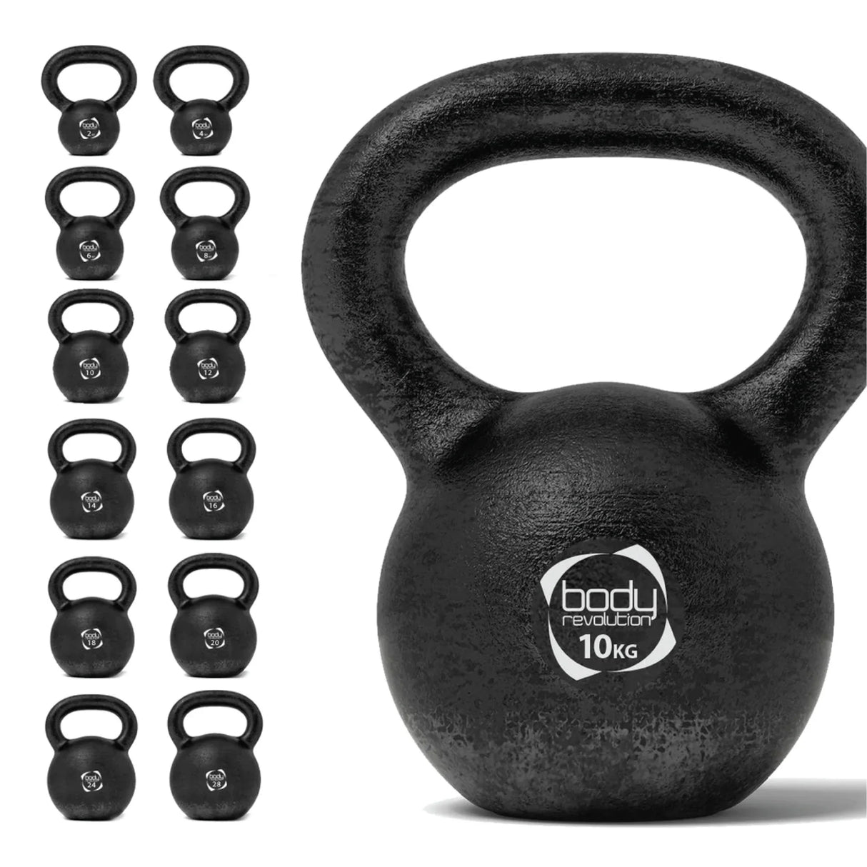 10 kg cast iron kettlebell with a textured black finish, featuring a sturdy handle and a Body Revolution logo for strength training