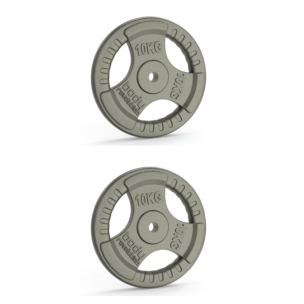 10kg cast iron weight plates with tri-grip design, featuring a textured surface and durable gray finish, ideal for strength training