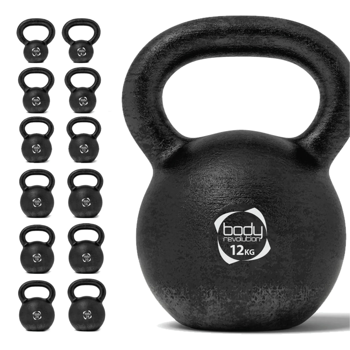 Black 12 kg cast iron kettlebell with textured surface and wide handle, ideal for strength training and fitness workouts