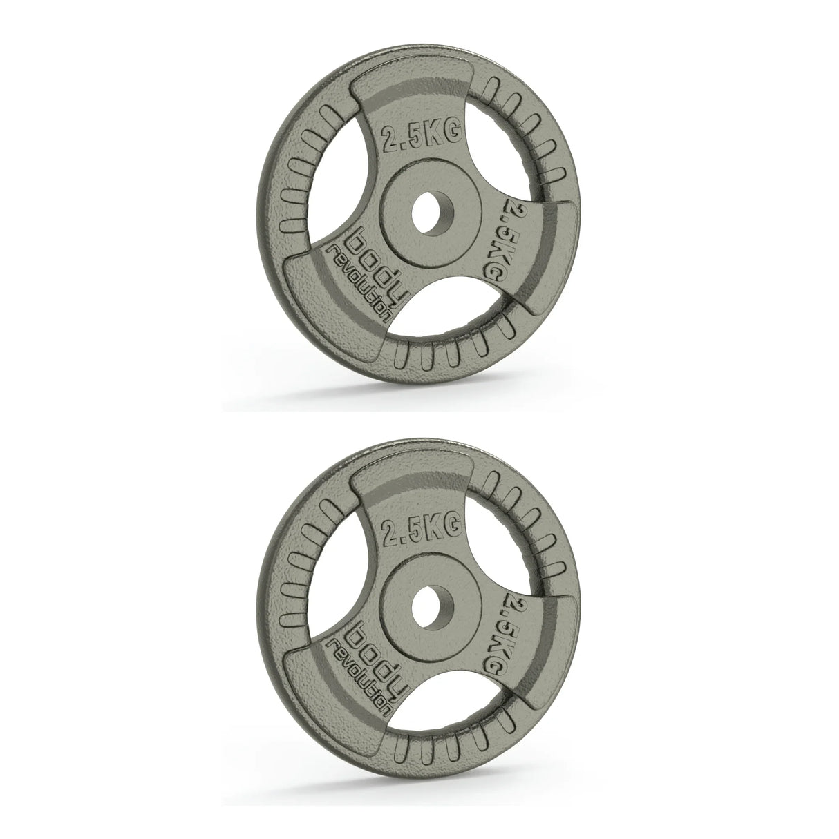 2.5kg cast iron weight plates with tri grip design, featuring a textured surface and a standard 1-inch center hole for easy handling