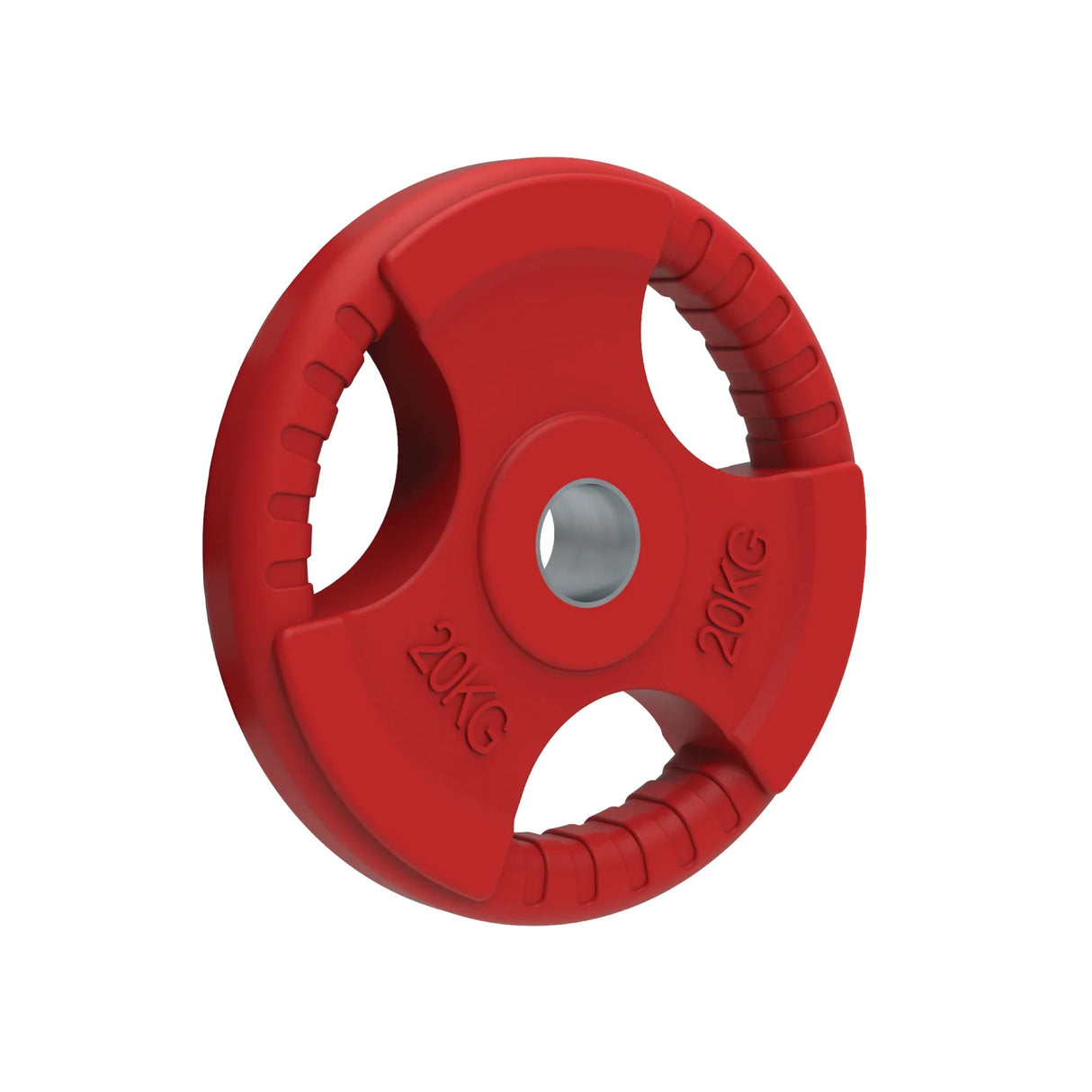 20kg tri grip colour rubber Olympic weight plate in vibrant red, featuring textured grip handles and a smooth finish