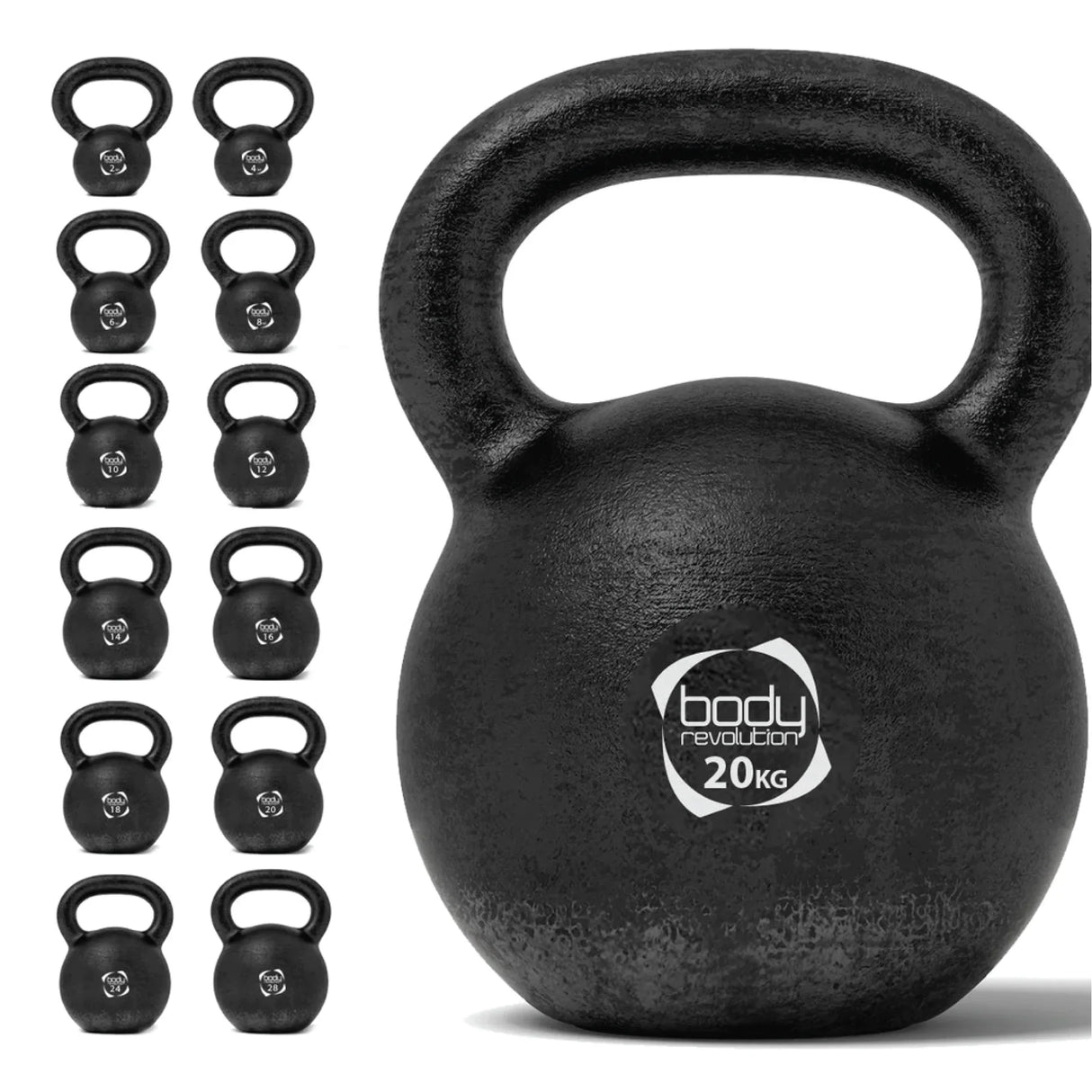 20 kg cast iron kettlebell with a textured black finish, featuring a sturdy handle and a clear weight label for easy identification