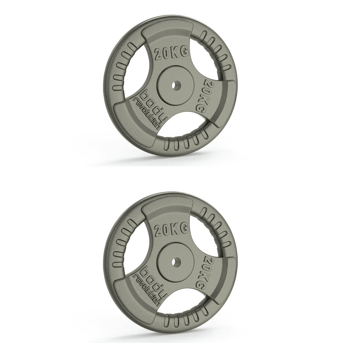 20kg cast iron weight plates with tri-grip design, featuring a durable matte finish and clear weight markings for easy identification