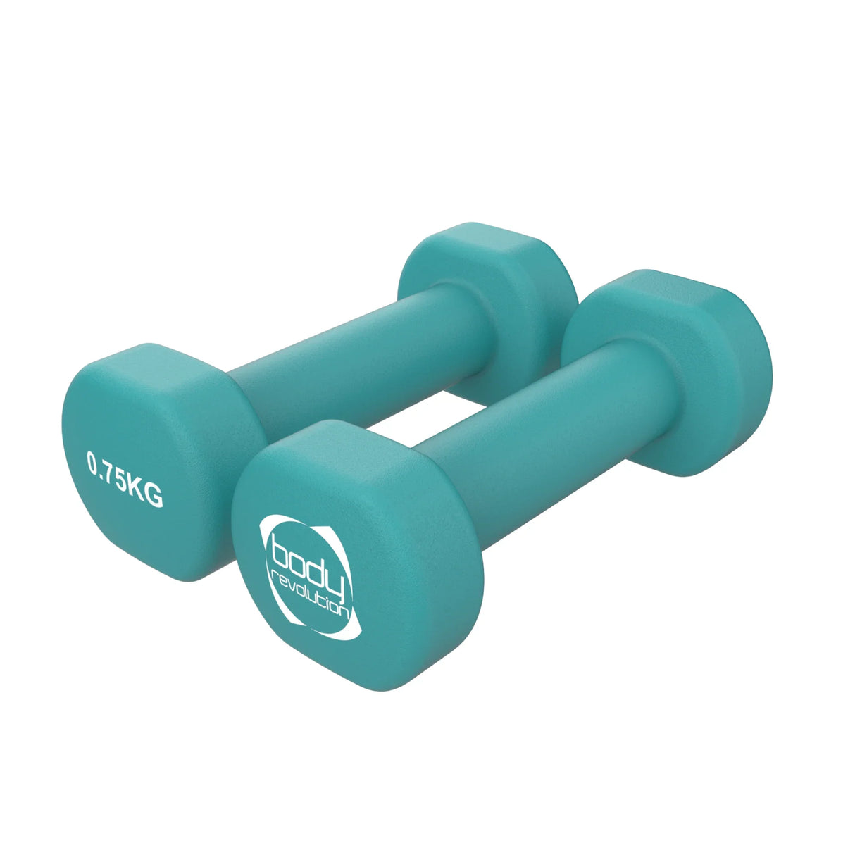 Bright teal neoprene dumbbells, each weighing 0.75KG, featuring a textured grip and rounded ends for comfortable handling