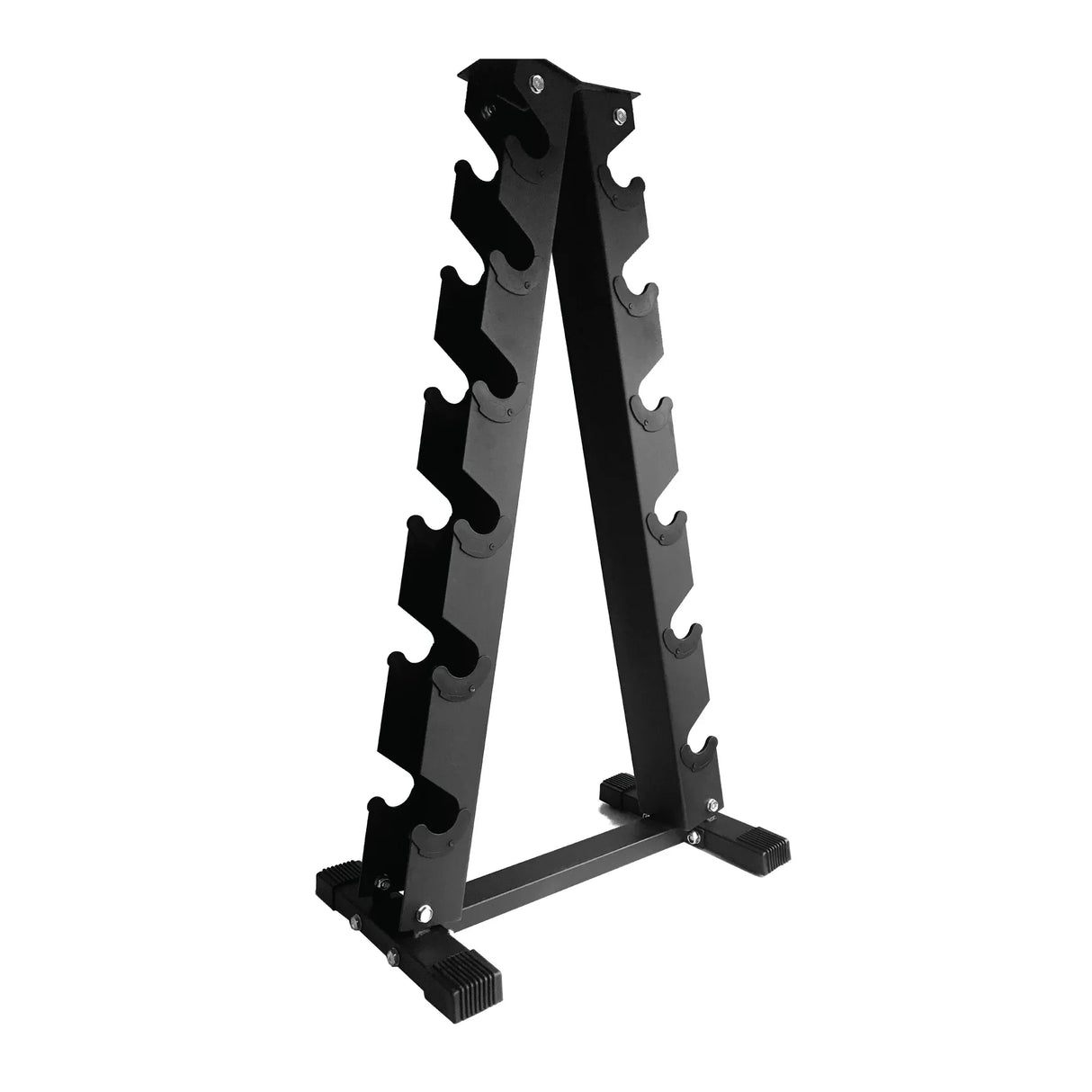 Sturdy black metal dumbbell weight rack with six tiers, designed for organized storage and easy access to weights in home gyms