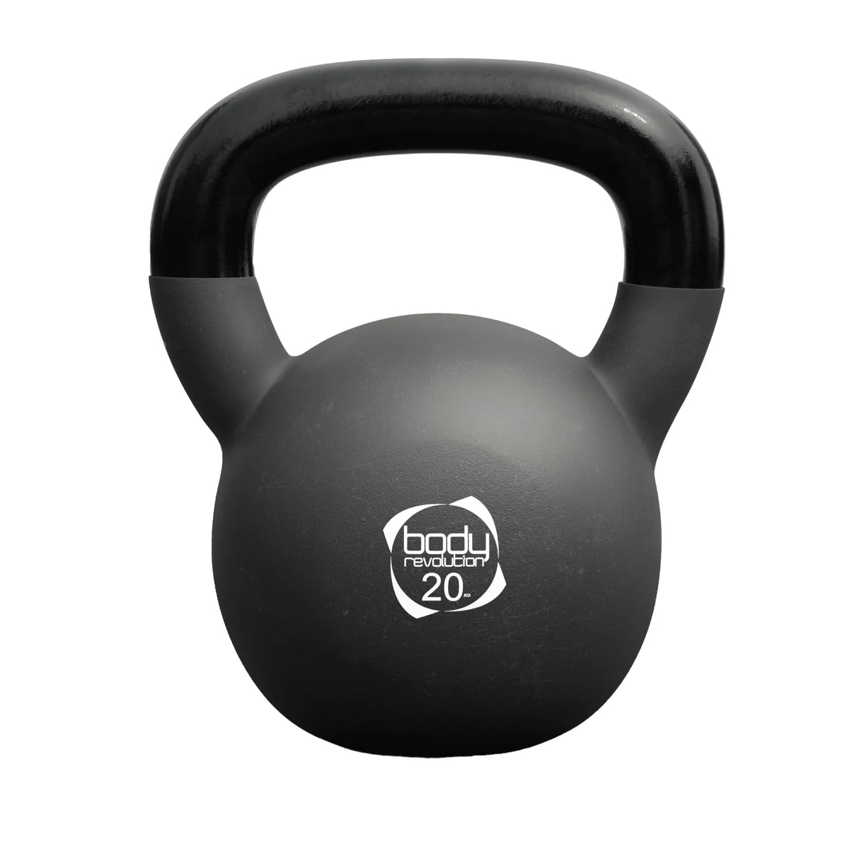 20kg Body Revolution kettlebell in matte black neoprene with a sturdy handle, ideal for strength training and fitness workouts