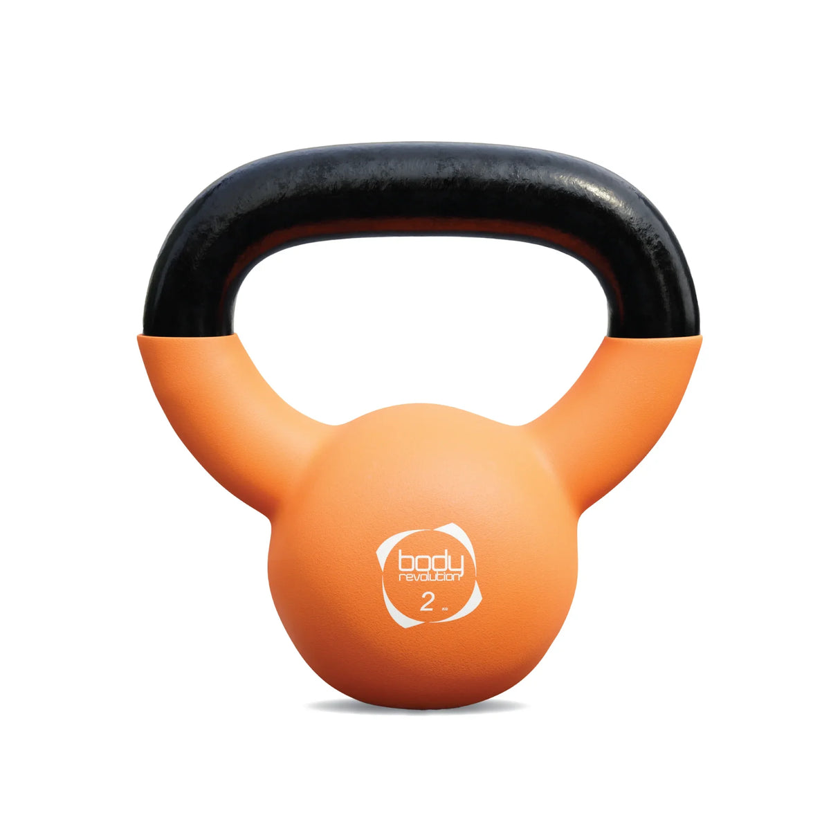 Bright orange 2kg neoprene kettlebell with a black handle, featuring a smooth texture and ergonomic design for comfortable grip