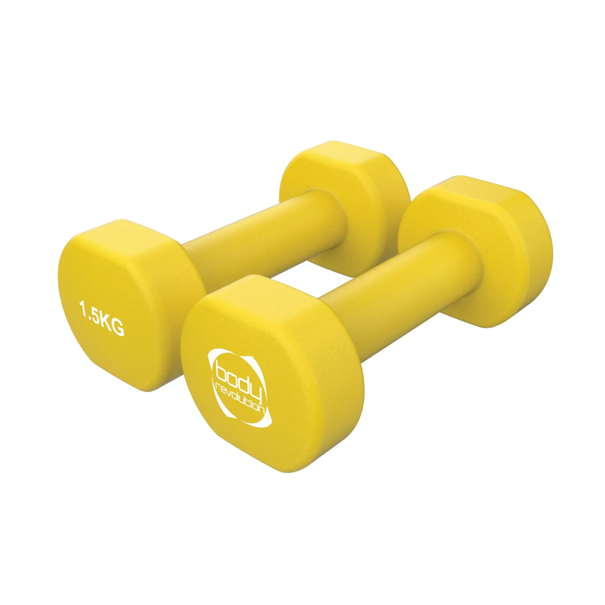 Bright yellow 1.5KG neoprene dumbbells with a hexagonal shape, ideal for strength training and easy grip during workouts