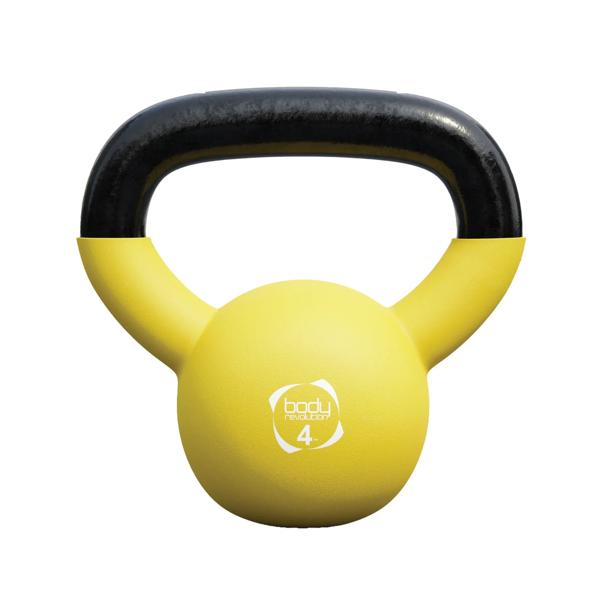 Bright yellow 4kg neoprene kettlebell with a black handle, featuring a smooth texture and ergonomic design for comfortable grip