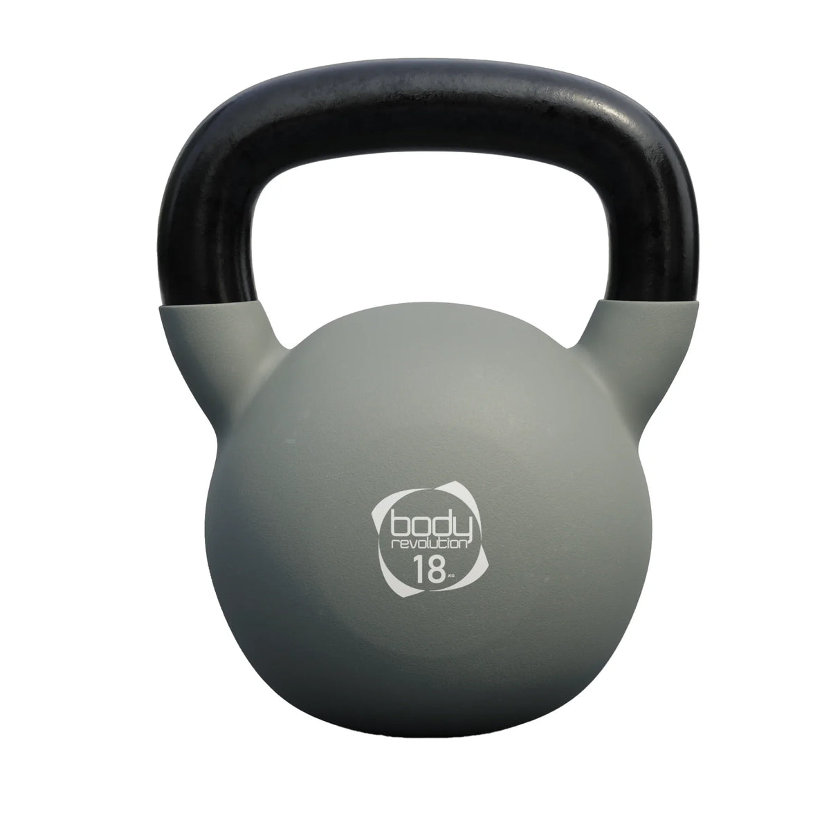 18kg Body Revolution kettlebell with a smooth gray neoprene finish and a sturdy black handle for comfortable grip during workouts