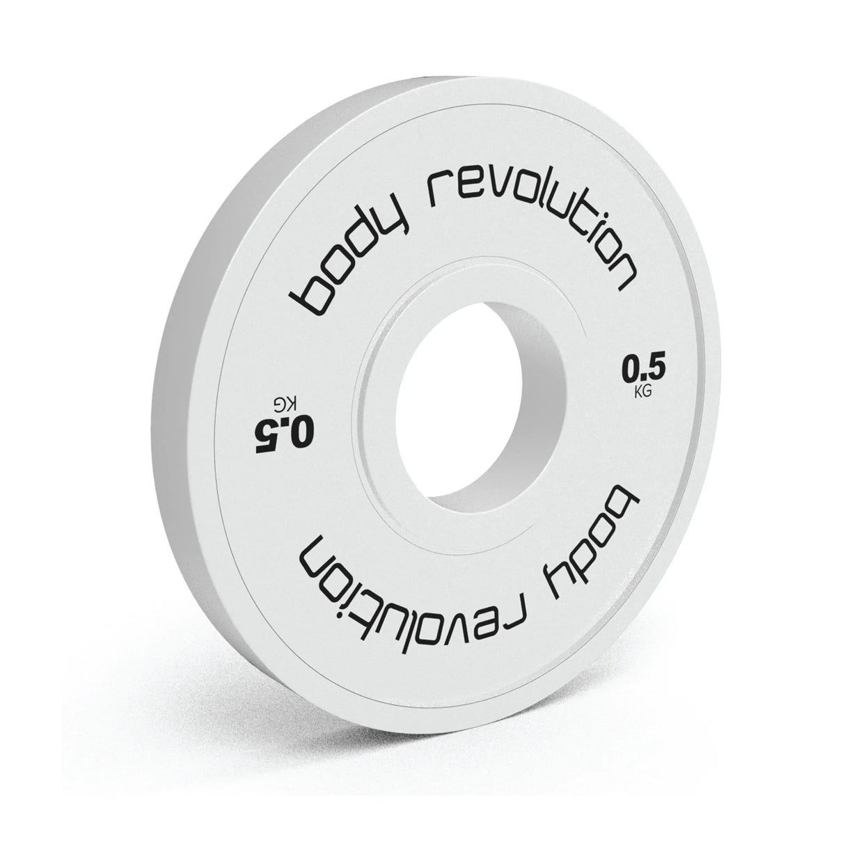 White 0.5kg fractional bumper plate with a smooth surface, featuring black text and a central hole for easy handling
