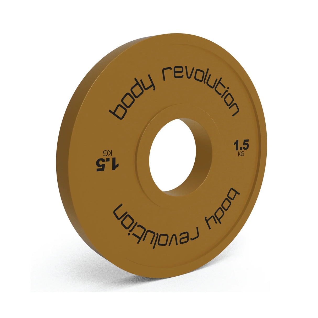 2 x 1.5kg fractional bumper plates in vibrant orange rubber, featuring a central hole and bold black lettering for easy identification