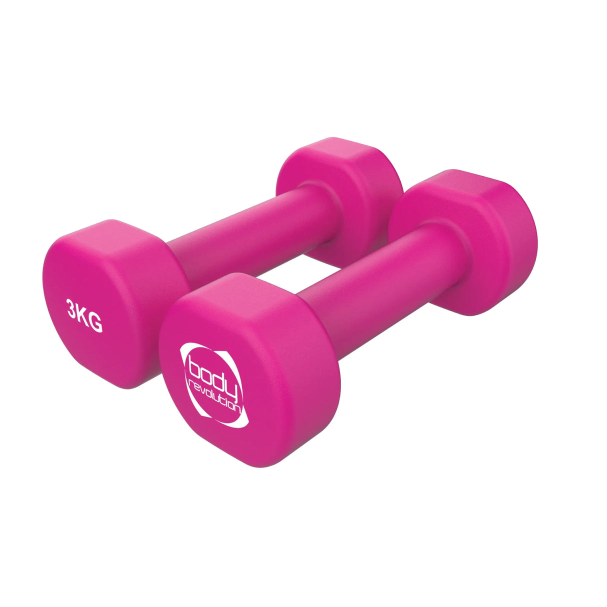 Bright pink 3KG neoprene dumbbells with hexagonal shape for easy grip, ideal for strength training and home workouts