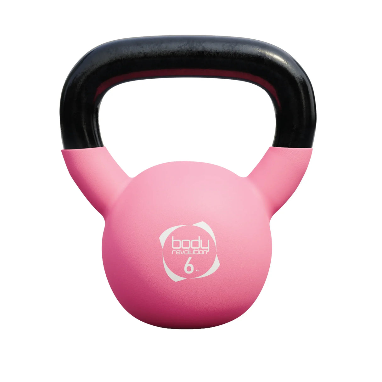 Pink 6kg neoprene kettlebell with a black handle, featuring a smooth texture and the Body Revolution logo on the front
