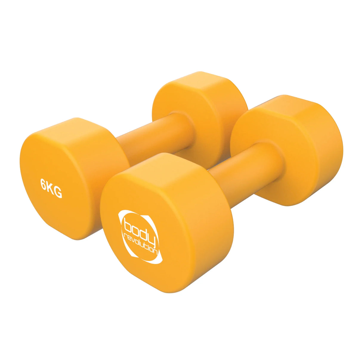 Bright orange 6KG neoprene dumbbells with a hexagonal shape for easy grip, ideal for strength training and home workouts