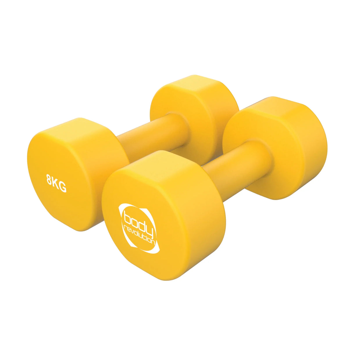 Bright yellow 8KG neoprene dumbbells with a hexagonal shape, featuring a textured grip for secure handling during workouts