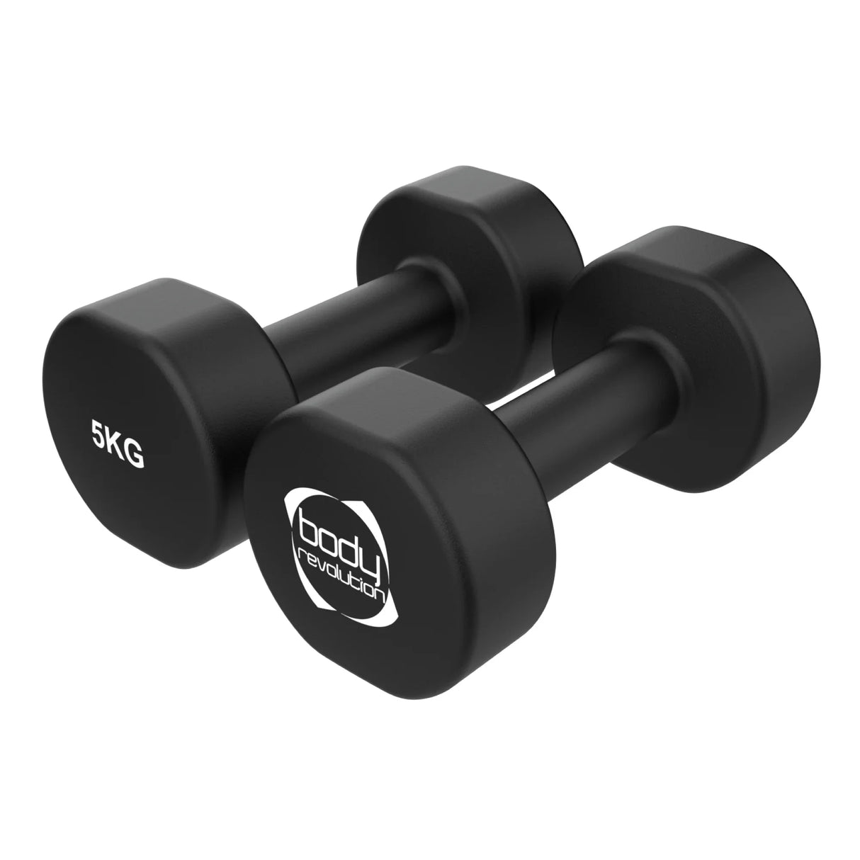 Black 5KG neoprene dumbbells with hexagonal shape, textured grip, and logo, ideal for strength training and home workouts