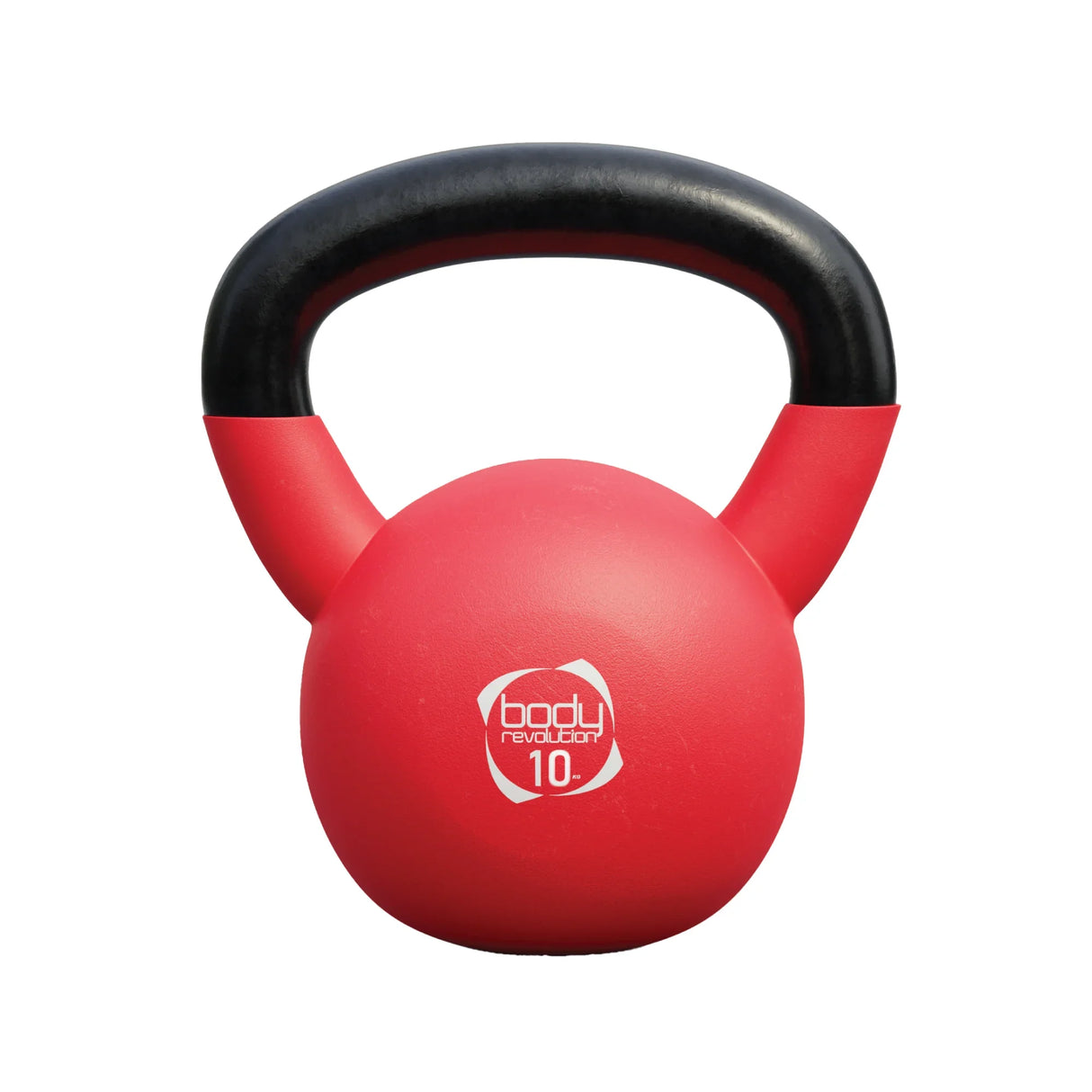 Bright red 10kg neoprene kettlebell with a black handle, featuring a smooth texture and a prominent Body Revolution logo