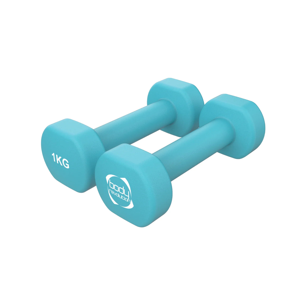 Bright turquoise 1KG neoprene dumbbells with a smooth texture and hexagonal shape, ideal for home workouts and strength training