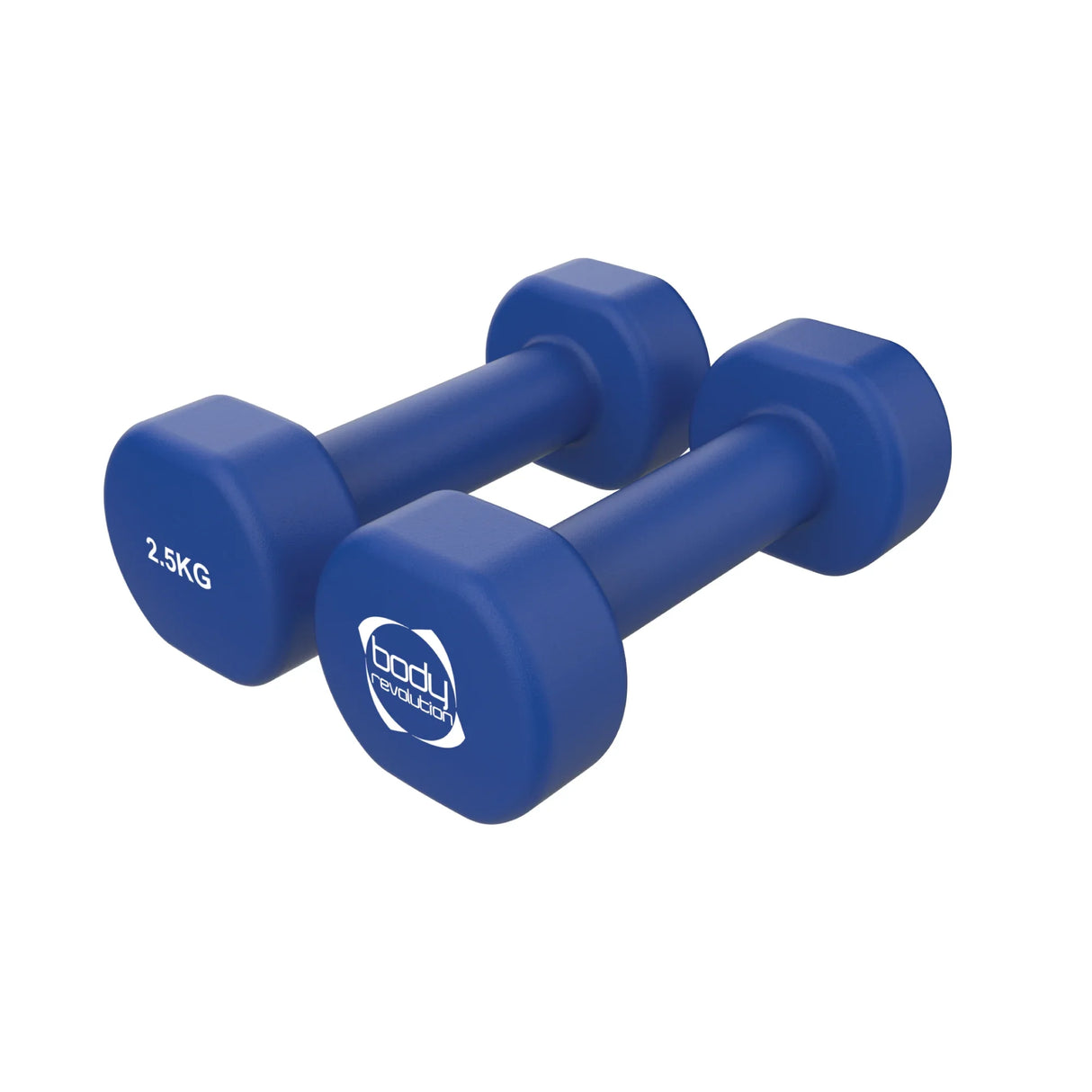 Blue 2 x 2.5KG neoprene dumbbells with hexagonal shape, textured grip, and logo, ideal for home workouts and strength training