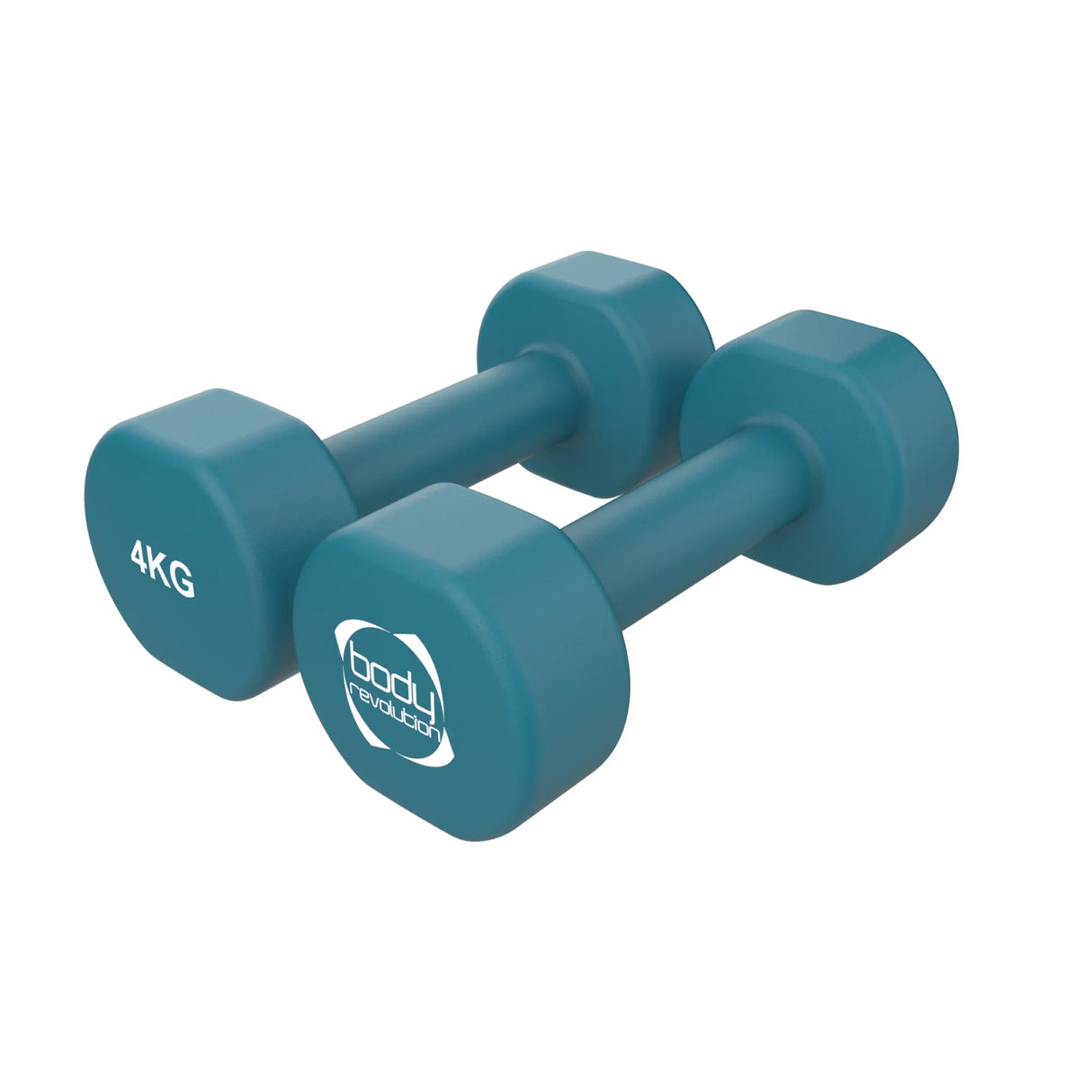 Teal 4KG neoprene dumbbells with a hexagonal shape, featuring a textured grip for comfort and stability during workouts