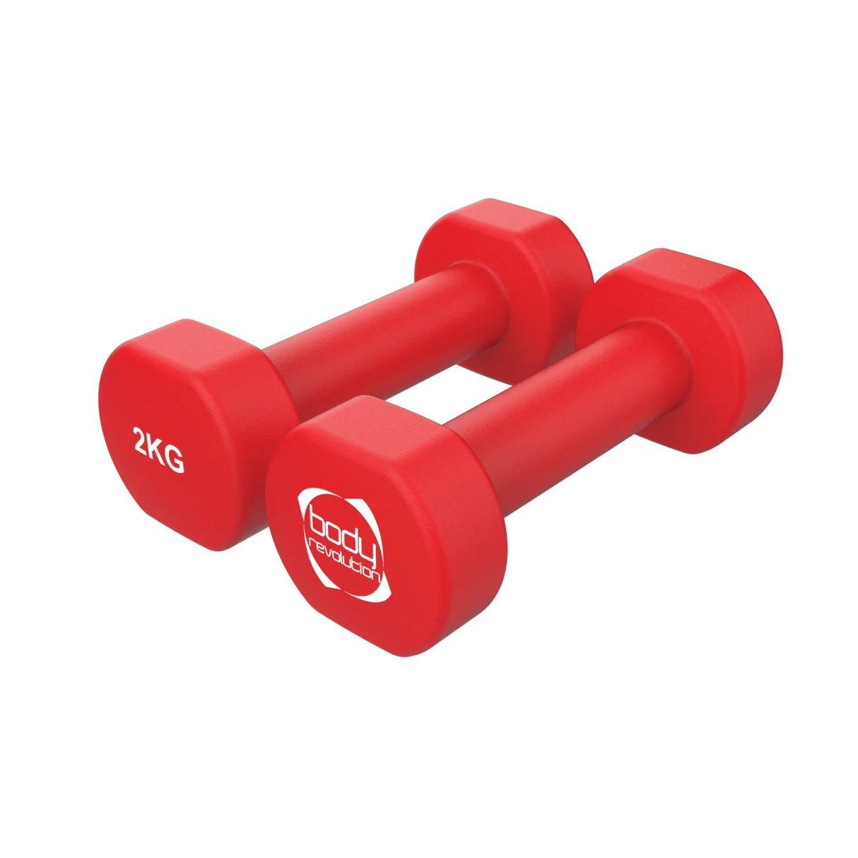 Bright red 2KG neoprene dumbbells with a hexagonal shape for secure grip, ideal for strength training and home workouts