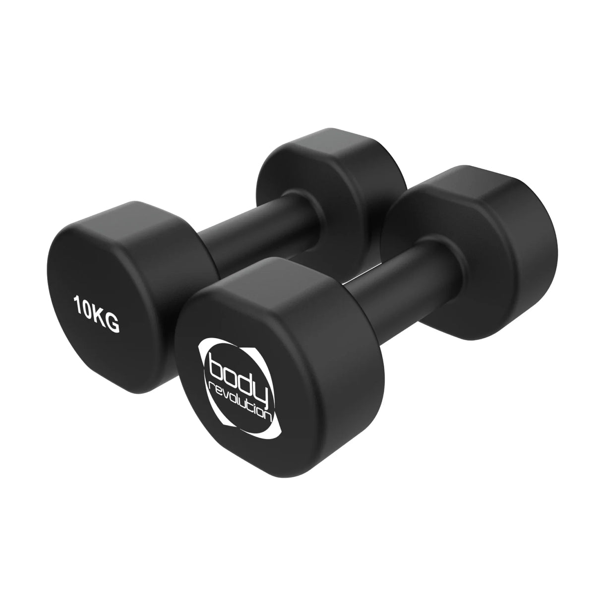 Black 10KG neoprene dumbbells with hexagonal shape and textured grip, ideal for strength training and home workouts