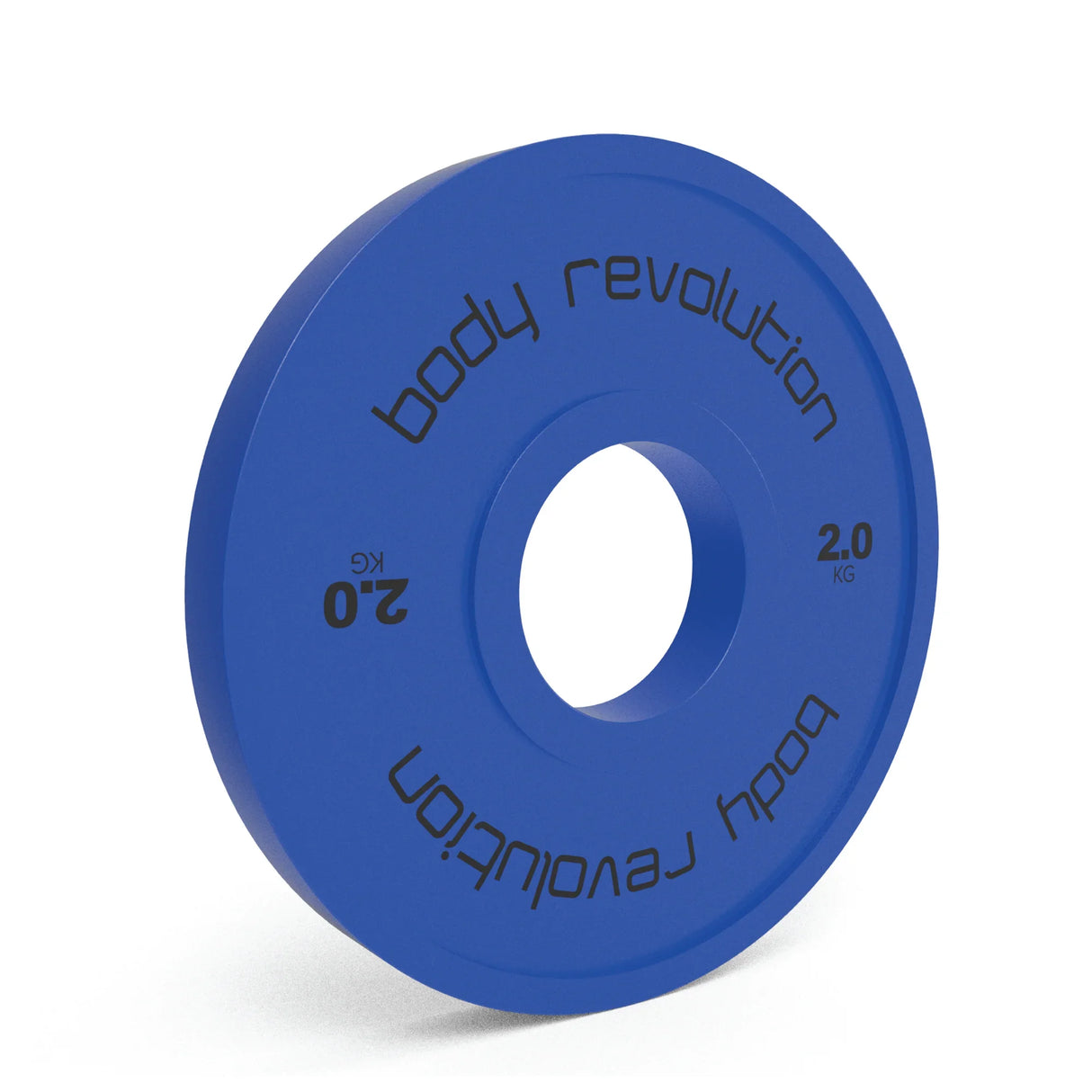 Blue 2kg fractional bumper plate with a smooth texture, featuring a central hole and bold black lettering for easy identification