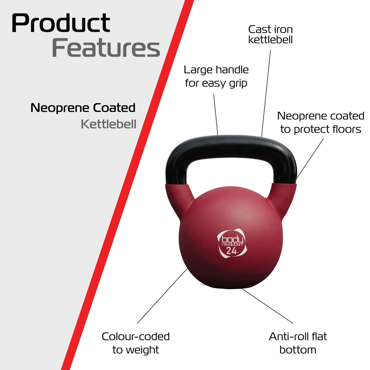 24kg neoprene-coated kettlebell in deep red with a large handle, anti-roll flat bottom, and features for easy grip and floor protection