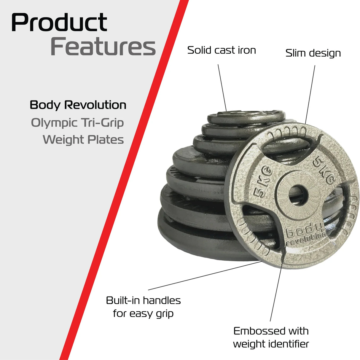 Solid cast iron 2.5kg weight plates with tri-grip design, featuring a slim profile and embossed weight identifier for easy use