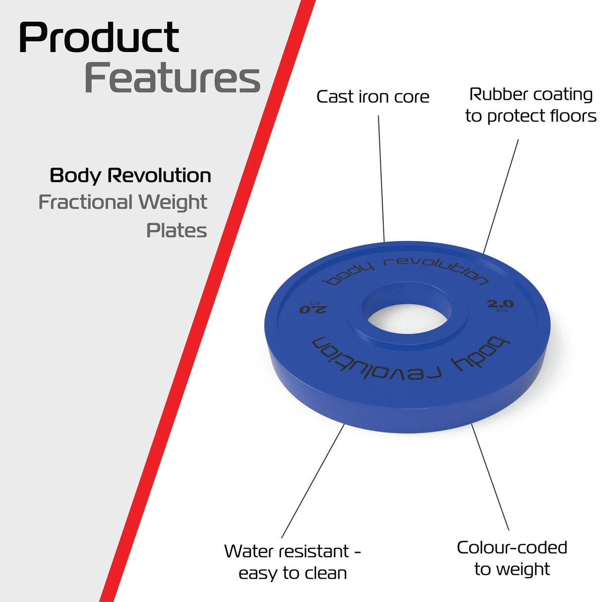 Blue 2kg fractional bumper plate with a cast iron core, rubber coating for floor protection, and easy-to-read weight markings