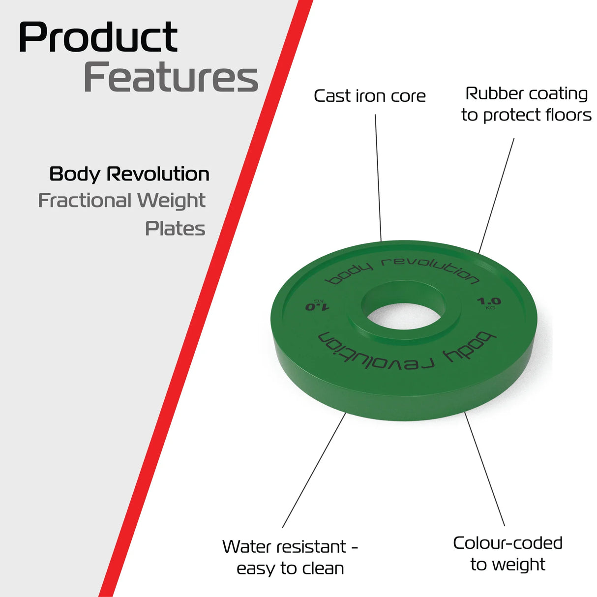 Green 1kg fractional bumper plate with a cast iron core, rubber coating for floor protection, and color-coded weight markings
