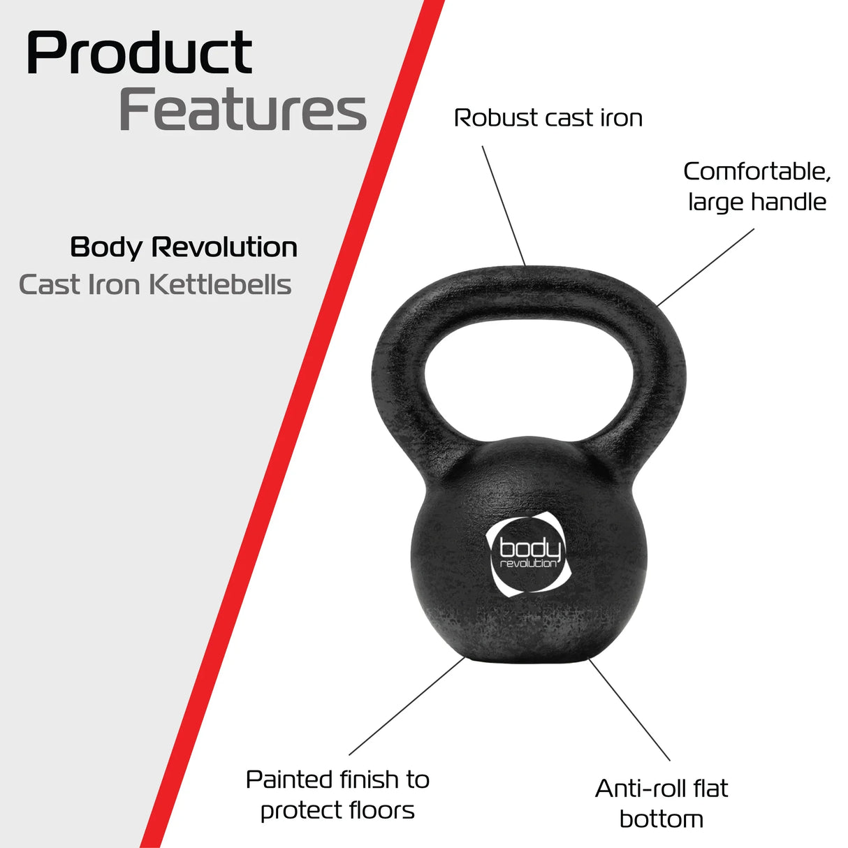 24 kg cast iron kettlebell with a robust design, comfortable large handle, anti-roll flat bottom, and protective painted finish