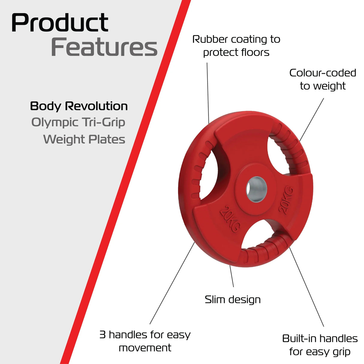 Red 20kg tri-grip Olympic weight plate with rubber coating, three handles for grip, and slim design for easy handling