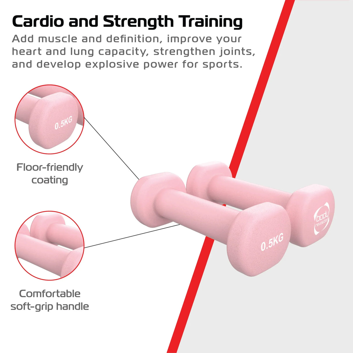 Light pink 0.5KG neoprene dumbbells with soft-grip handles and floor-friendly coating, ideal for strength training and cardio workouts