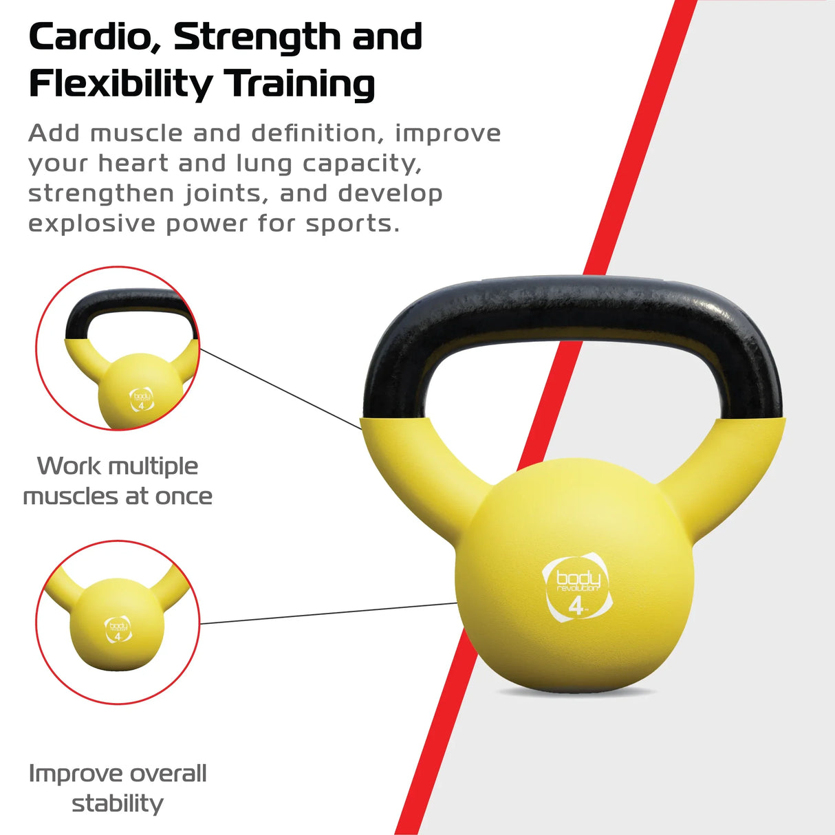 Bright yellow 4kg neoprene kettlebell with a black handle, designed for strength training and improving overall stability