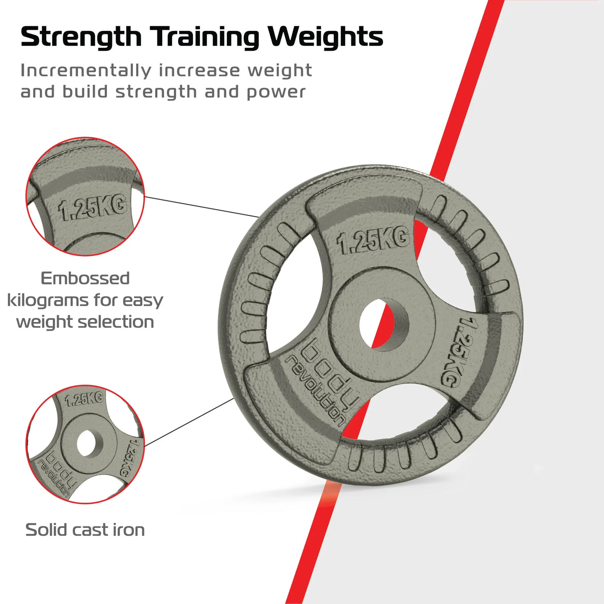 2x 1.25kg cast iron weight plates with tri grip design, featuring embossed weight markings for easy identification and handling
