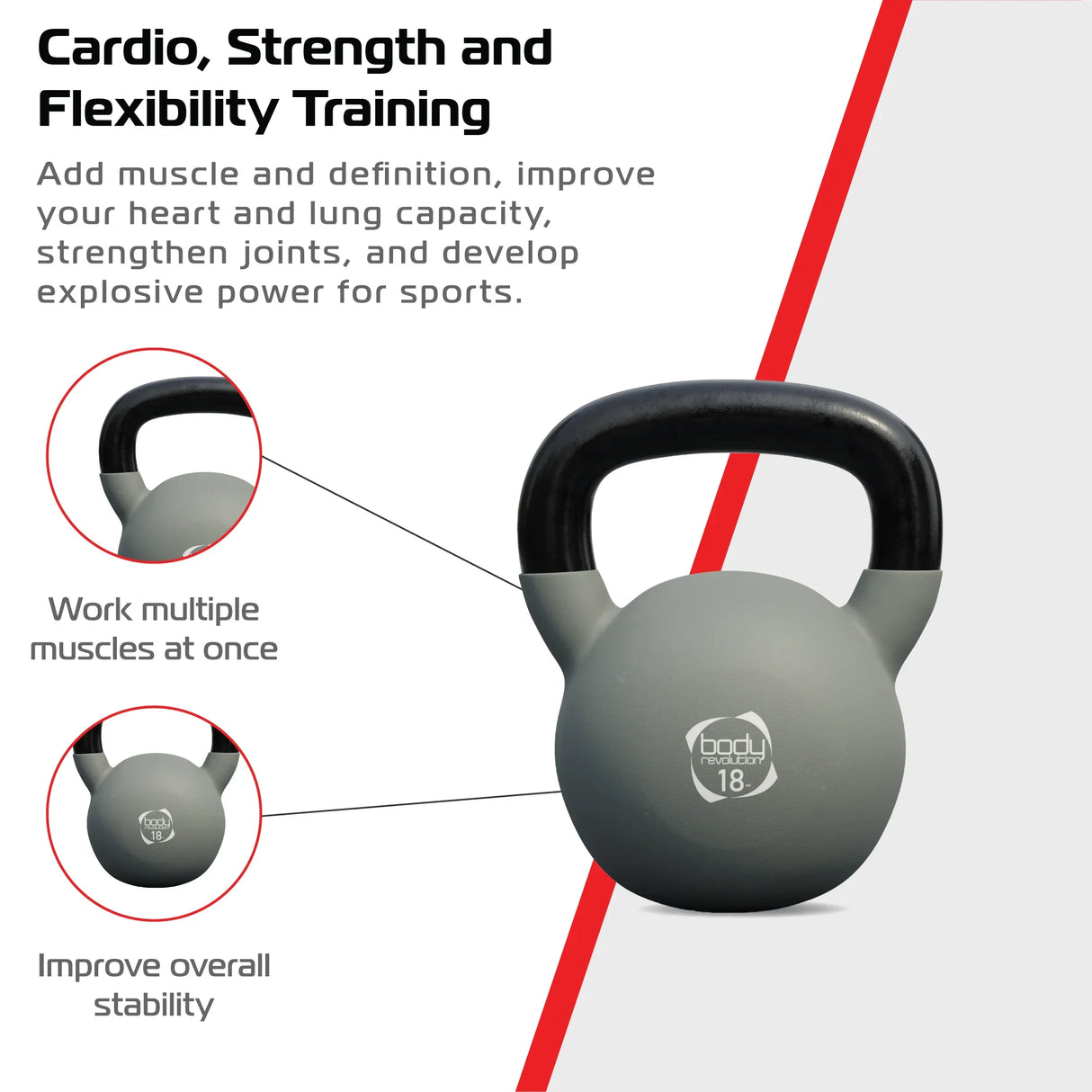 18kg Body Revolution kettlebell in matte gray with a sturdy black handle, designed for strength training and improving stability