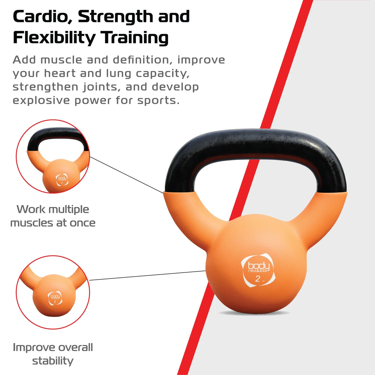 Bright orange 2kg neoprene kettlebell with a sturdy black handle, ideal for strength training and improving overall fitness stability