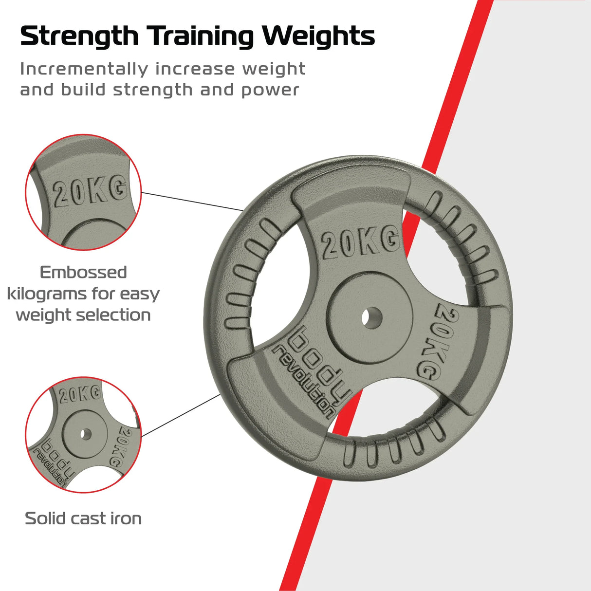 20kg cast iron weight plate with tri-grip design, featuring embossed weight markings for easy identification and handling