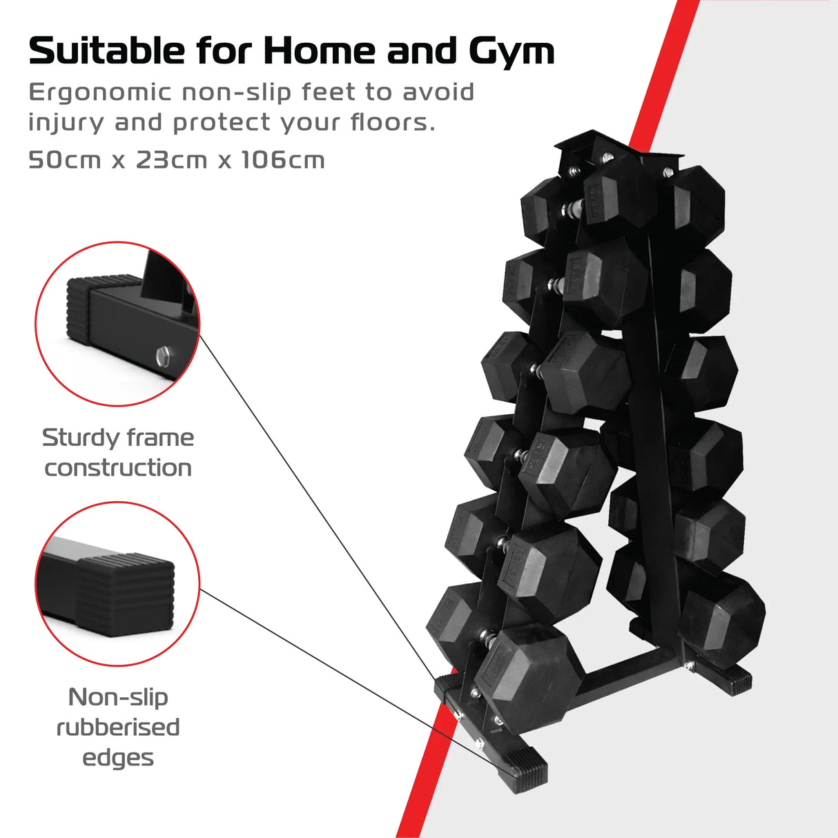 Sturdy 6-tier dumbbell rack with non-slip rubberized edges, designed for home and gym use, featuring a sleek black finish