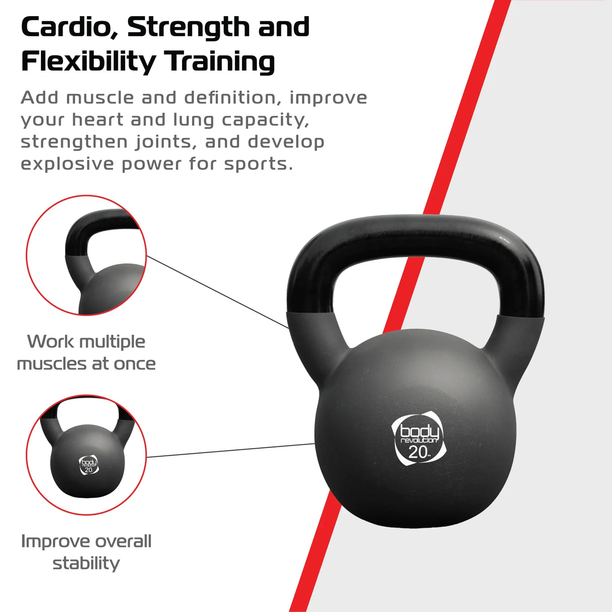20kg black neoprene kettlebell with a sturdy handle, designed for strength training, featuring muscle-building and stability benefits