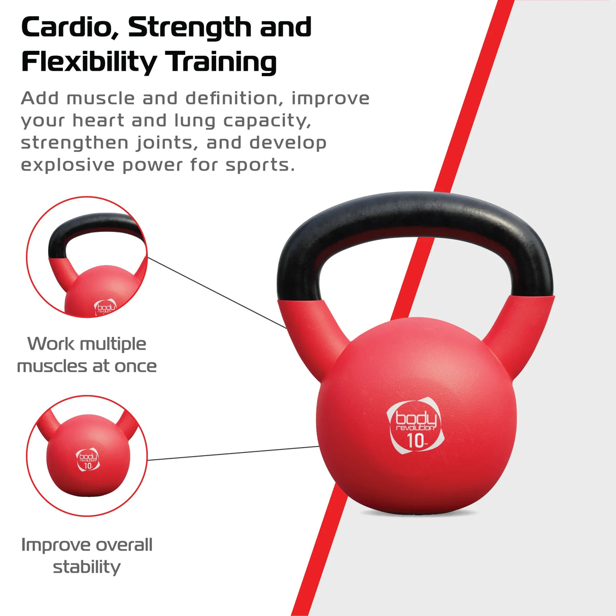 Red 10kg neoprene kettlebell with a black handle, designed for strength training, featuring icons highlighting its benefits