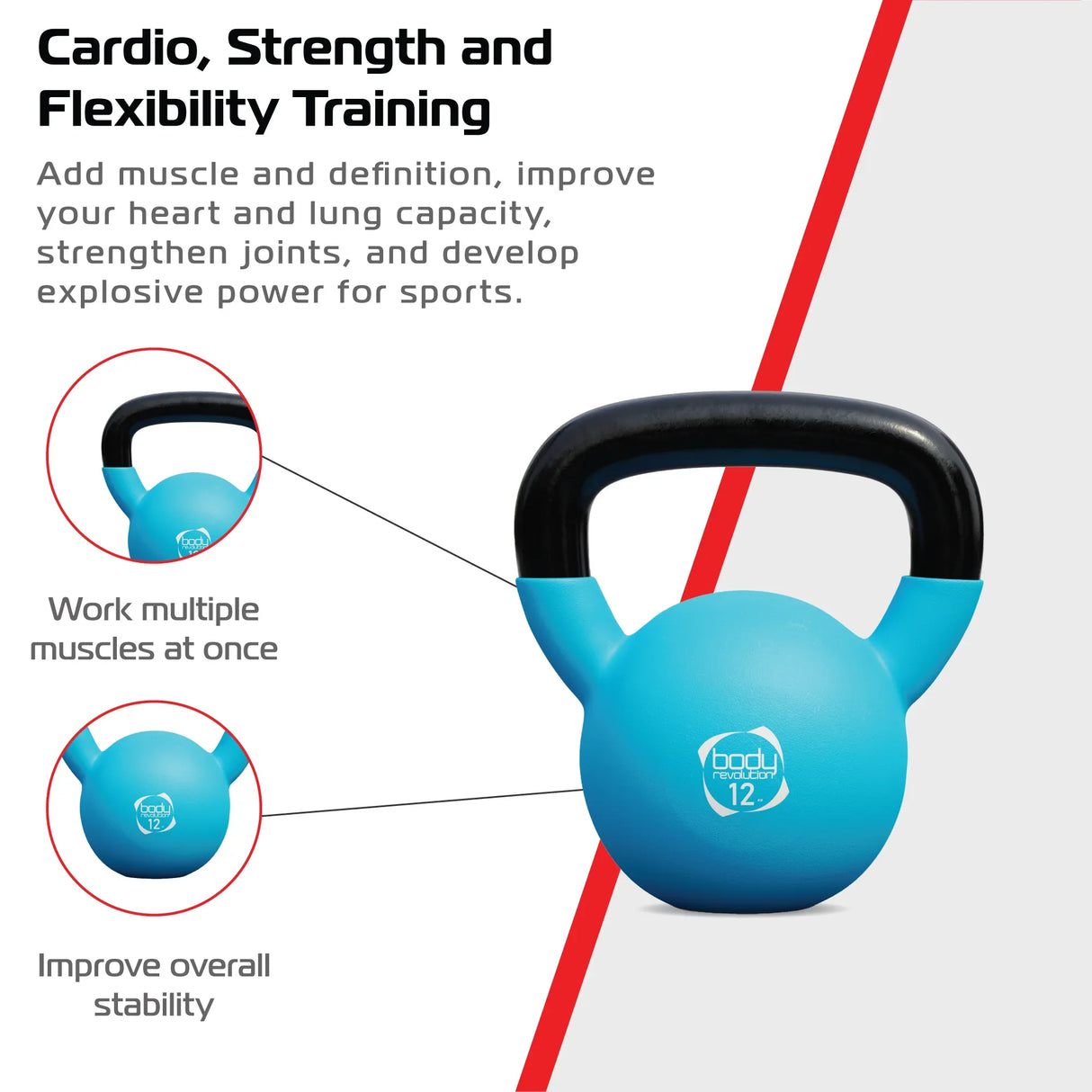 Bright blue 12kg neoprene kettlebell with a sturdy black handle, designed for strength training and improving overall stability